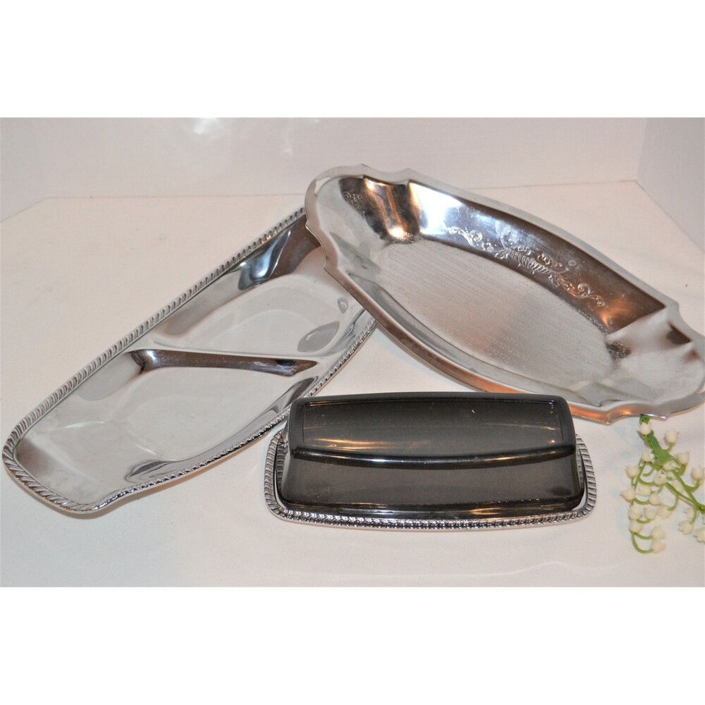 Metal Serving Dish Trio Party Wine  Mod Mid Century  Buffet Charcuterie Board